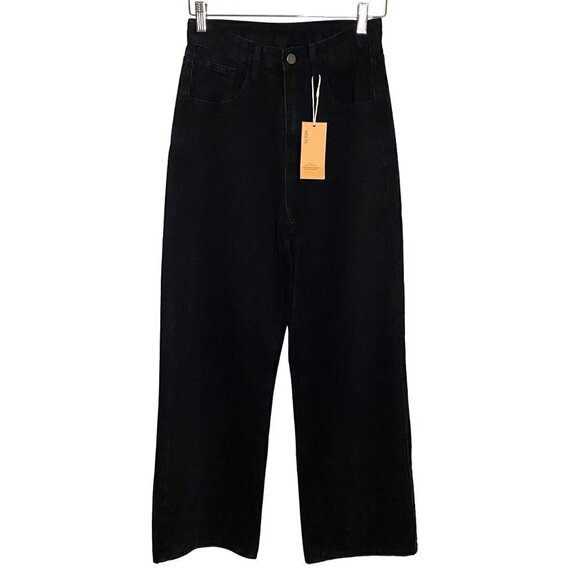HDLTE Women Wide Denim High Waist Baggy Boyfriend Jeans Black Y2K‎ City SzXS NWT - Picture 2 of 9